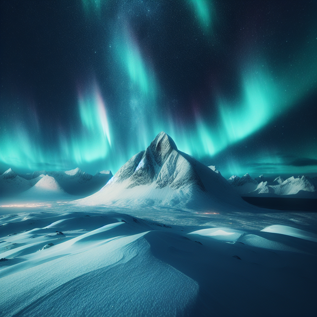 Una montaña nevada con una impresionante aurora boreal en el cielo.