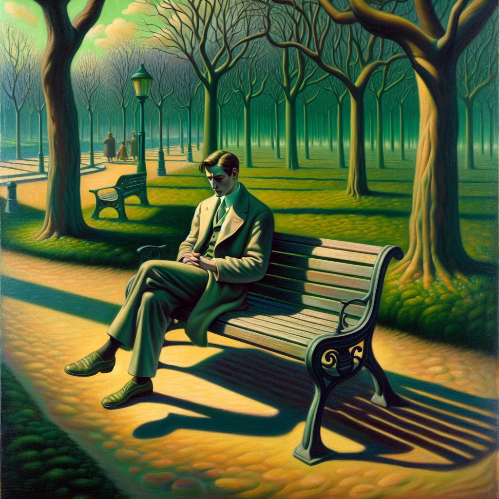 A male figure sitting on a park bench lost in thought